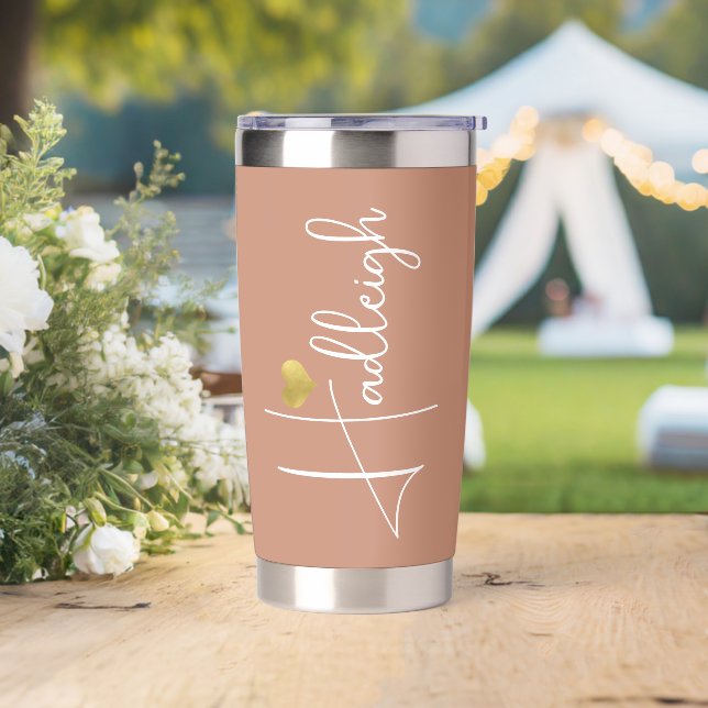 Bridesmaid | Minimal Script Name Gold Heart Clay Insulated Tumbler (Wedding)