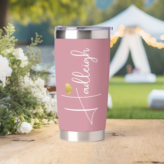 Bridesmaid | Minimal Script Name Gold Heart Pink Insulated Tumbler (Wedding)