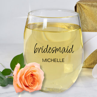 Bridesmaid Minimalist Modern Script Name Wedding Stemless Wine Glass