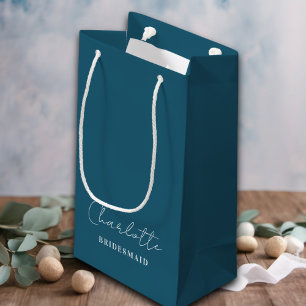 Bridesmaid Minimalist Script Canoe Blue Small Gift Bag