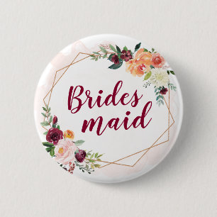Bridesmaid - Modern Geometric Gold Frame Floral 6 Cm Round Badge
