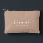 Bridesmaid Modern Minimal Script Cosmetic  Accessory Pouch<br><div class="desc">This Bridesmaid accessory bag features a handwritten white script typography with swashes on a tan background. Present your bridesmaids with a toiletry bag for their makeup and small items traditionally presented at the rehearsal dinner,  for use in the early morning before the wedding.</div>