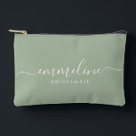 Bridesmaid Modern Minimal Script Sage Accessory Pouch<br><div class="desc">This Bridesmaid accessory bag features a handwritten white script typography with swashes on a sage green background. Present your bridesmaids with a toiletry bag for their makeup and small items traditionally presented at the rehearsal dinner,  for use in the early morning before the wedding.</div>