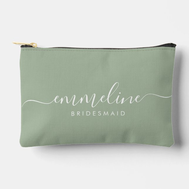 Bridesmaid Modern Minimal Script Sage Accessory Pouch (Front)