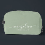 Bridesmaid Modern Minimal Script Sage Dopp Kit<br><div class="desc">This Bridesmaid accessory bag features a handwritten white script typography with swashes on a sage green background. Present your bridesmaids with a toiletry bag for their makeup and small items traditionally presented at the rehearsal dinner,  for use in the early morning before the wedding.</div>