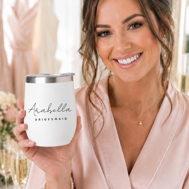 Bridesmaid | Modern Minimalist Script Bachelorette (Personalized bridesmaid wine tumbler by Guava for proposal boxes and wedding mornings)