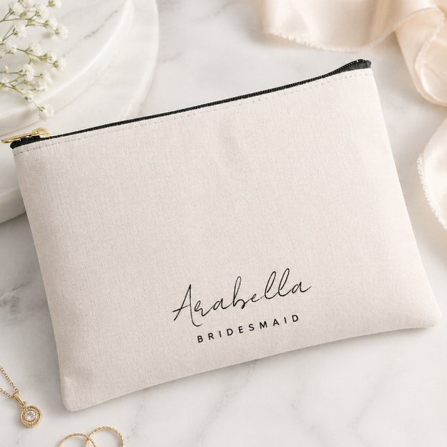 Bridesmaid | Modern Minimalist Script Blush Pink Accessory Pouch (Creator Uploaded)