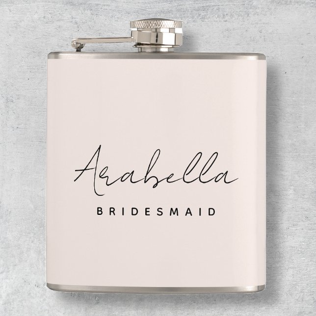 Bridesmaid | Modern Minimalist Script Blush Pink Hip Flask (Creator Uploaded)