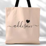 Bridesmaid Modern Script Heart Peach Beige Tote Bag<br><div class="desc">This chic tote bag features a beautiful Peach Beige background adorned with a modern script font and a delicate heart design. The soft, elegant colour and sophisticated typography make it an ideal accessory for bridesmaids or anyone who loves stylish and trendy designs. Perfect for carrying essentials, this tote bag adds...</div>