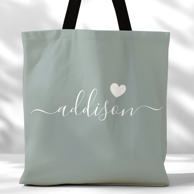 Bridesmaid Modern Script Heart Sage Green Tote Bag (Creator Uploaded)