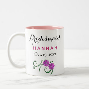 Bridesmaid Modern Typography Pink Flowers Wedding Two-Tone Coffee Mug