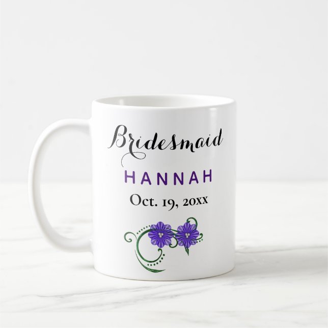 Bridesmaid Modern Typography Purple Floral Wedding Coffee Mug (Left)
