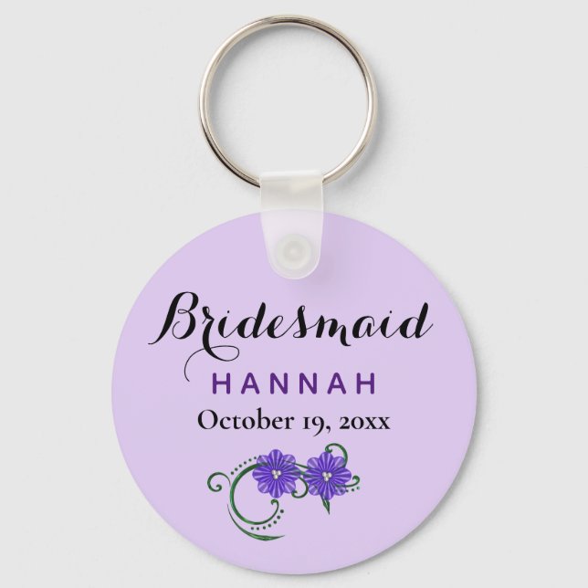 Bridesmaid Modern Typography Purple Floral Wedding Key Ring (Front)