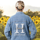 Bridesmaid Monogram Initial and Name Personalised Denim Jacket<br><div class="desc">Bridesmaid monogram denim jacket personalised with an initial and name,  ideal for a bridal or wedding shower with a modern design and bold fonts printed on the back. Change the colours or placement by clicking the button to edit the design.</div>