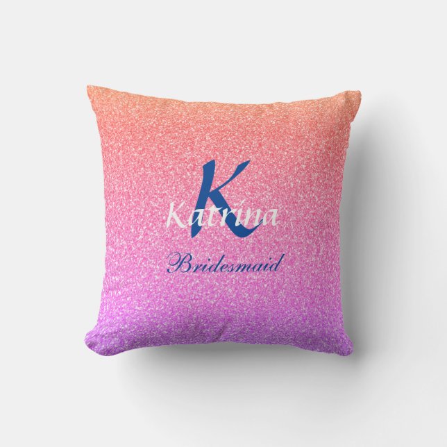 Bridesmaid Monogram Initial Name Rose Gold Glitter Cushion (Front)