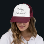 Bridesmaid Name Calligraphy Typography Wedding Trucker Hat<br><div class="desc">This beautiful, personalised hat is perfect for all the bridesmaids in the bridal party! Replace the placeholder name with the bride's name. "Ashley's Bridesmaid" (or any bride's name) is in handwritten-style calligraphy. Choose a hat colour to match your wedding colours. Makes a wonderful gift for a wedding, shower, engagement, or...</div>