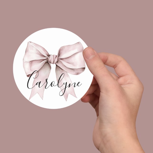 Bridesmaid name pink Bow She's Tying the Knot  Classic Round Sticker (Creator Uploaded)