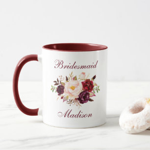 Bridesmaid Name Watercolor Burgundy Floral Mug