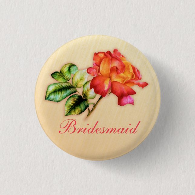 Bridesmaid orange tea rose wedding pin / button (Front)