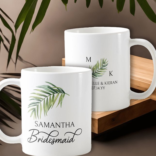 Bridesmaid Palm Leaf Bridal Party Personalised Coffee Mug (Bridesmaid coffee mug with tropical palm leaf and calligraphy)