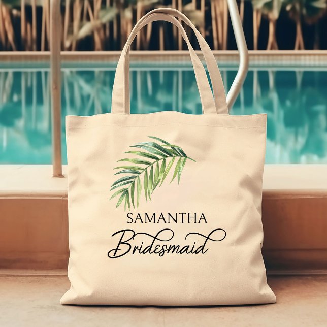 Bridesmaid Palm Leaf Personalised Bridal Party Tote Bag (Bridesmaid tote bag with palm leaf and calligraphy)