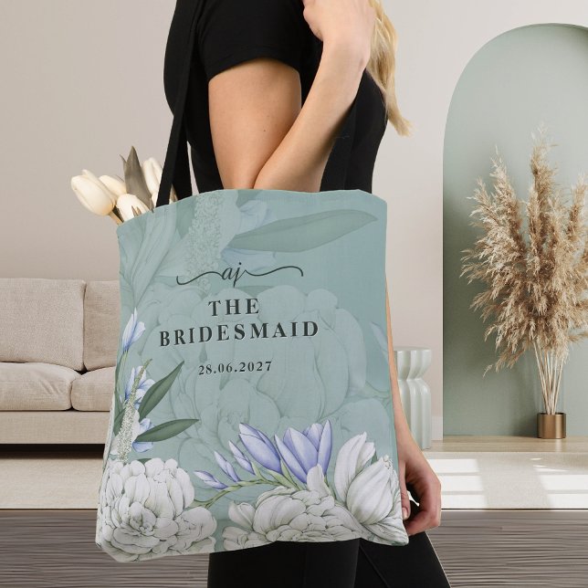 Bridesmaid Peony | Sage Green & White Tote Bag (Creator Uploaded)