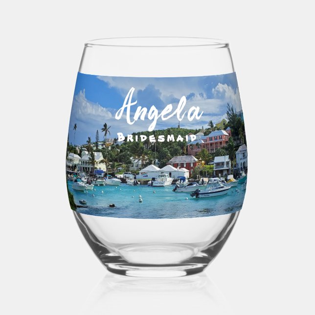 Bridesmaid Personalised Island Life Stemless Wine Glass (Front)