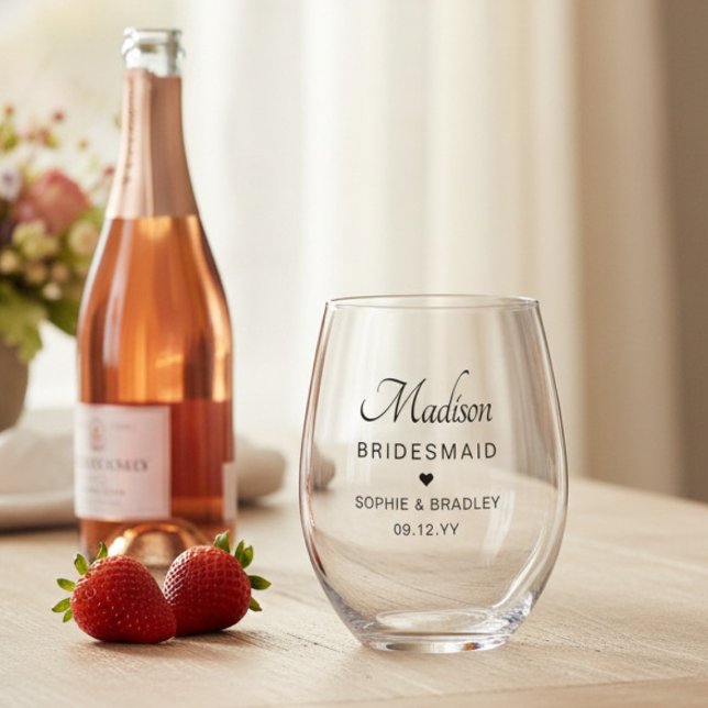 Bridesmaid Personalised Name Wedding Party Stemless Wine Glass (Creator Uploaded)
