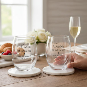 Bridesmaid Personalised Name Wedding Party Stemless Wine Glass