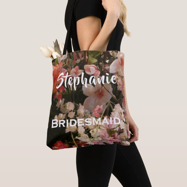 Bridesmaid Personalized Name Many Flowers Floral Tote Bag (Close Up)