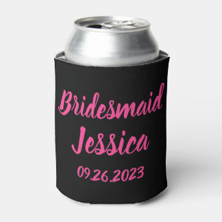 Bridesmaid Pink Black Elegant Script Gift Weddings Can Cooler