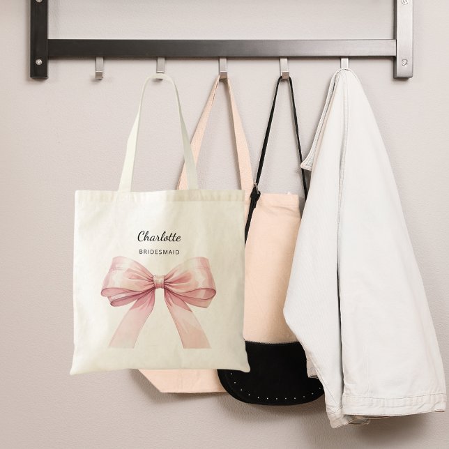 Bridesmaid pink bow elegant name tote bag (Creator Uploaded)