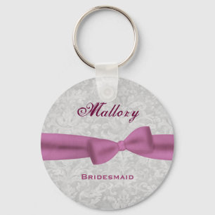 Bridesmaid Pink Bow Silver Damask E004 Key Ring