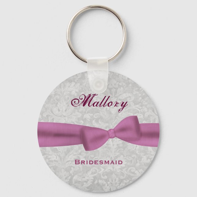 Bridesmaid Pink Bow Silver Damask E004 Key Ring (Front)