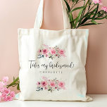 Bridesmaid Pink Floral Personalised name Tote Bag<br><div class="desc">Bridesmaid Pink Floral Personalised name Tote Bag This elegant pink floral watercolor tote bag is the perfect bridesmaid proposal or gift. Featuring a personalised name in beautiful calligraphy, it adds a thoughtful and stylish touch to your wedding celebration. Its charming design makes it both a practical and memorable keepsake for...</div>