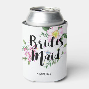 Bridesmaid Pink Floral Watercolor Wedding Can Cooler