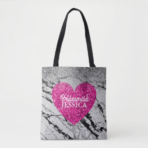 Bridesmaid Pink Glitter Heart Black White Marble Tote Bag
