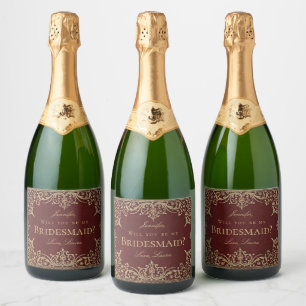 Bridesmaid Proposal Burgundy Gold Elegant Vintage Sparkling Wine Label