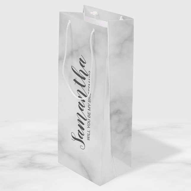 Bridesmaid Proposal | Elegant Marble Script Wine Gift Bag (Creator Uploaded)