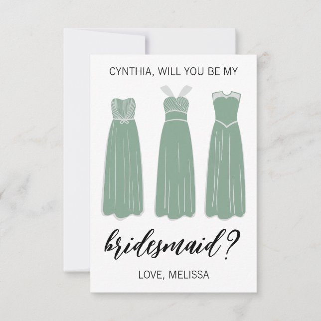 Bridesmaid Proposal Greeting Card, Green Dresses Invitation (Front)