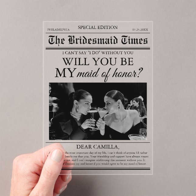 Bridesmaid Proposal Newspaper Photo Acrylic Invitations (Insitu (Handheld))