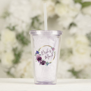 Bridesmaid Purple Floral Wreath Boho Hoop Wedding Acrylic Tumbler