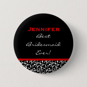 Bridesmaid Red Black White Swirl Custom Name 6 Cm Round Badge