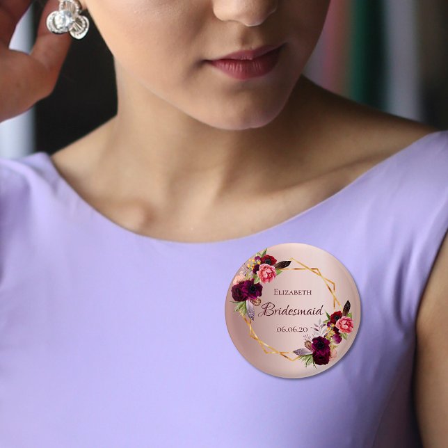 Bridesmaid rose gold florals burgundy 3 cm round badge (Creator Uploaded)