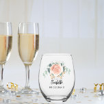 Bridesmaid rose gold florals eucalyptus stemless wine glass<br><div class="desc">Transparent background. Personalise and add your bridesmaid's. Black text. Decorated with watercolored rose gold rose,  eucalyptus greenery and golden sprigs.</div>