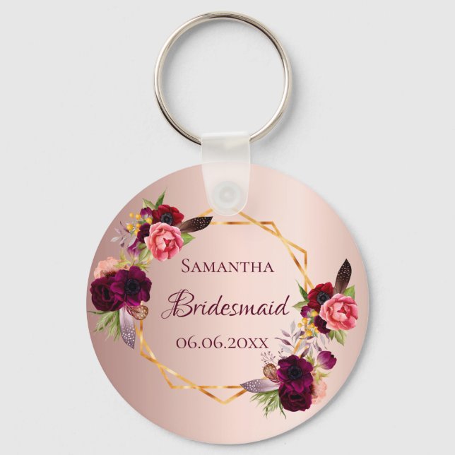 Bridesmaid rose gold watercolored florals burgundy key ring (Front)