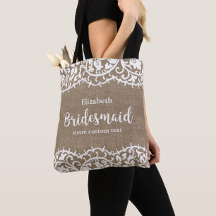 Bridesmaid Rustic Lace Burlap Personalised Wedding Tote Bag