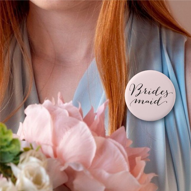Bridesmaid Script Calligraphy Wedding Bridal Party 6 Cm Round Badge (BRIDESMAID Classic Script Calligraphy Pink Wedding Bridal Party Pinback Button @ fatfatin_blue_knot)