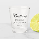 Bridesmaid Script Customised Shot Glass<br><div class="desc">This very classic and traditional shot glass with the word Bridesmaid (which is customisable for any wedding party member), the bridesmaid's name in a lovely script font, the bride and groom's names, and their wedding date would be perfect for your bridesmaids. They'd be fabulous to have on your bachelorette week-end...</div>