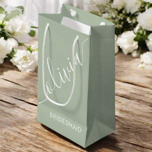 Bridesmaid  Script Sage Green Minimalist Elegant Small Gift Bag
